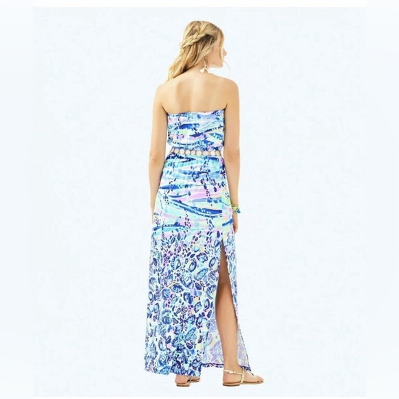 Lilly Pulitzer Mika Strapless Maxi Dress Chasing Waves Engineered Blue Current - Picture 8 of 8